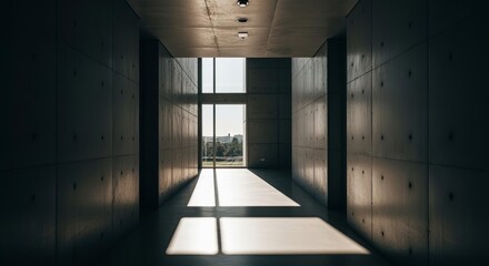 Spacious Modern Hallway with Concrete Walls and Dramatic Shadows