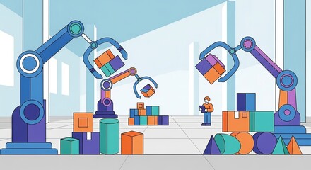 Robotic arms automating construction tasks with precision, watched by engineer in a futuristic, efficient manufacturing environment