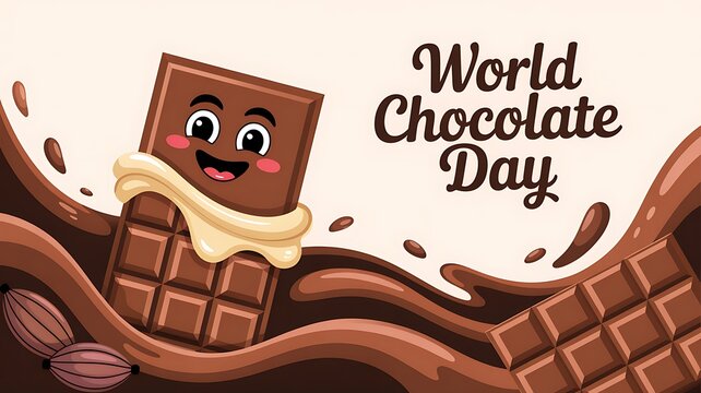 Happy world chocolate day illustration with smiling chocolate bar and melted cocoa splash for sweet festive celebration