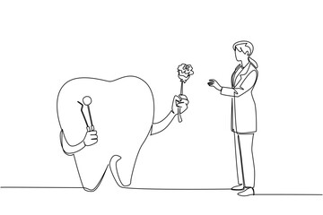 Continuous one line drawing big teeth have hands giving roses to female doctors. Symbolism of gratitude. Maintaining oral health. National Dentist Day. Single line draw design vector illustration