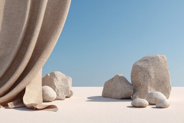 Stones, drape, beige platform against a plain blue sky