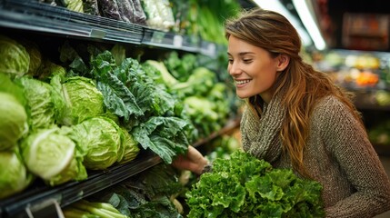 Smiling woman picks lettuce at supermarket produce section. Showcase healthy lifestyle, buying fresh and organic ingredients.