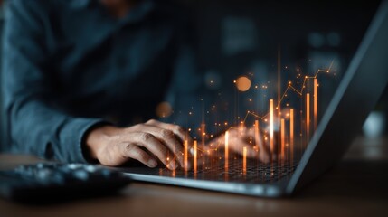 A professional working on a laptop with digital graphs showing growth and financial trends in a modern office setting.