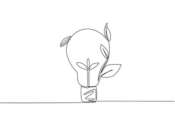Single one line drawing bulb lamp with leaves on the side. Energy symbolization can coexist with nature. Environmentally friendly. World Plant Power Day. Continuous line design graphic illustration