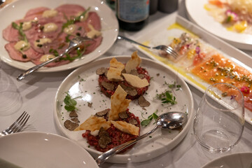 Elegant Gourmet Starters Including Beef Tartare and Carpaccio