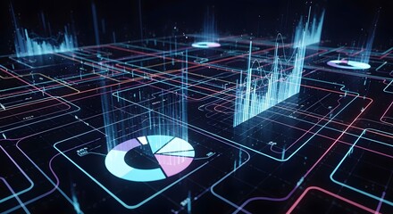 Futuristic digital dashboard with glowing pie charts, bar graphs, and data visualizations representing big data analytics, AI insights, and real-time information processing.