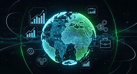 Glowing digital Earth with financial icons and data graphs, symbolizing global economy, digital trade, fintech, and worldwide financial connectivity.