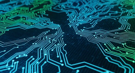 Close-up of a glowing digital circuit board with neon lines, symbolizing advanced technology, data processing, connectivity, and the foundation of modern computing.