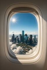 Houston Through Plane Window, Cityscape View from Airplane Window Sunny Day Above Clouds