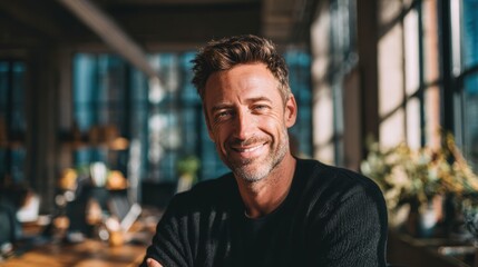 Obraz premium A smiling man with a relaxed demeanor in a cozy cafe. Natural sunlight highlights his features and moment.