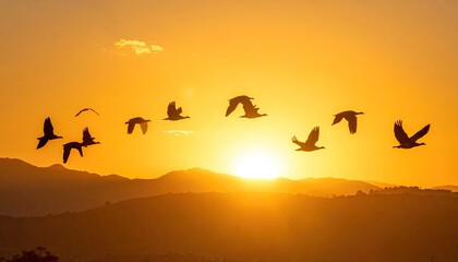 Flock of Birds in Silhouette Flying Towards Setting Sun over Hills