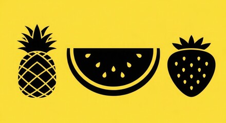 Black fruit pineapple watermelon strawberry summer food healthy sweet tropical delicious vector illustration art