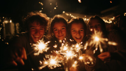 Family joy as they light sparklers under the night sky together