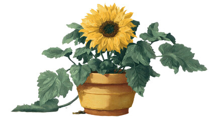 Obraz premium Bright yellow sunflower in decorative ceramic pot with green leaves natural floral houseplant gardening element isolated on white background