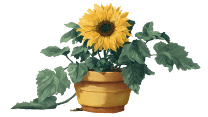Bright yellow sunflower in decorative ceramic pot with green leaves natural floral houseplant gardening element isolated on white background