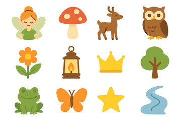 Whimsical nature and fantasy icons featuring animals and forest elements