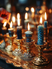 Gently lighting the last menorah candle on a cozy evening