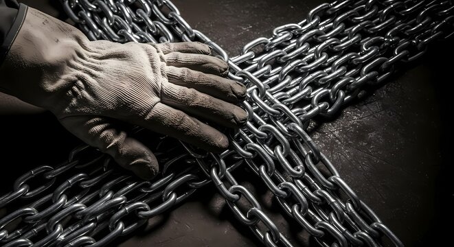 A pair of rough work gloves resting on top of heavy steel chains arranged in a cross shape representing themes of safety and heavy duty industrial labor tasks performed within a dangerous work