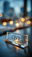Contemporary desk setting with CEO nameplate and blurred background lights