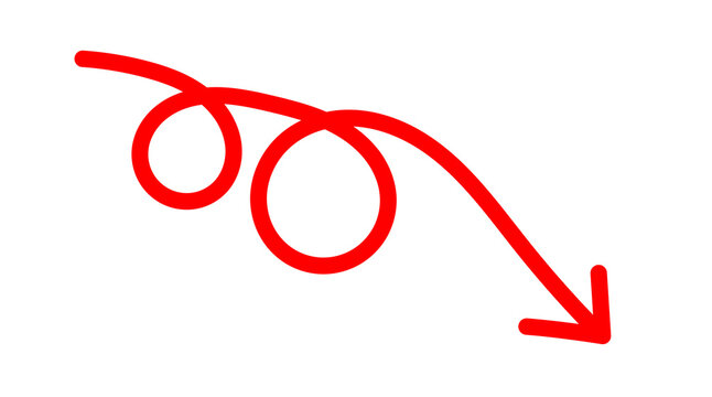 Red hand drawn curved arrow with loops pointing down. Transparent PNG sketch style design element for highlights, presentations, infographics, notes, and creative overlays