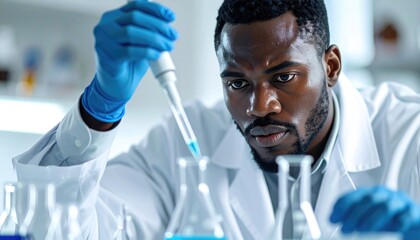 Focused African American Scientist Analyzing Blue Liquid Sample in Flask Under Bright Lab Light
