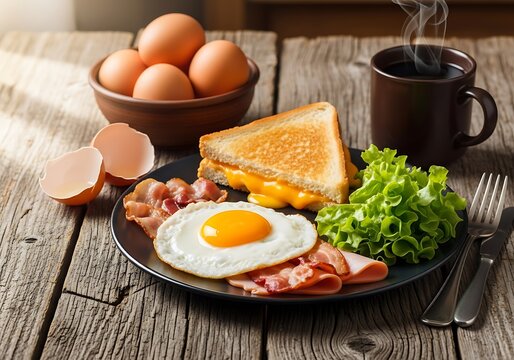 Hearty breakfast plate with fried egg, bacon, toast, and a side of fresh lettuce with a cup of coffee - Powered by Adobe