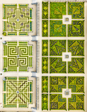 Aerial view of the geometric patterned gardens with symmetrical designs showcasing vibrant greenery against the pale gravel pathways, Villandry, Centre-Val de Loire, France.