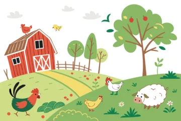 Selbstklebende Fototapeten Bauernhof A colorful cartoon farmyard scene with animals and a barn  © RABBY MIA