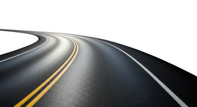Curved asphalt road with yellow lines perspective view on white background