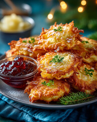 Delicious latkes and jelly sufganiyot steaming for a festive celebration