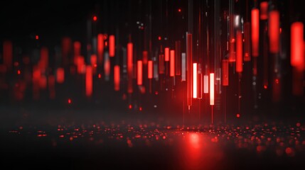 Abstract visual of red data visualization with glowing line bars representing stock market trends.