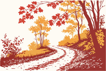 Fototapeta premium Autumn forest path with fallen leaves and colorful trees