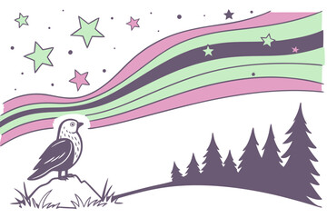 Bird on rock under aurora and stars night sky