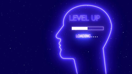 Level up your mind a neon head with a loading bar symbolizes personal growth, knowledge acquisition, and the pursuit of higher cognitive abilities and skills
