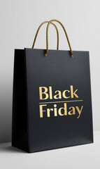Black laminated cardboard bag with beautiful velvet handles, on the bag the inscription black friday in gold, white background.