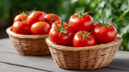 Fresh red tomatoes filling wicker baskets harvesting