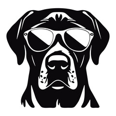 Illustration of a black dog wearing sunglasses, with a white background and black silhouette style