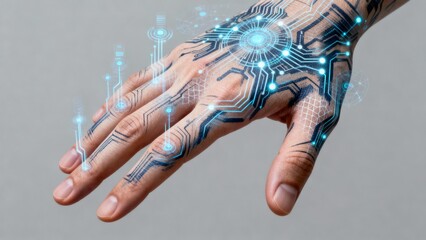 Futuristic Hand Technology Glowing Digital Interface Circuitry Bionic Cybernetic Skin Overlay Sci-Fi Concept