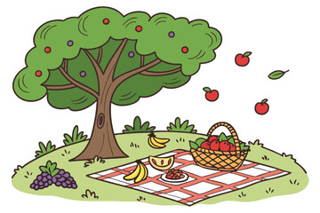 Cartoon picnic scene under a green tree with fruit