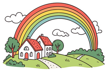 Naklejka premium Cartoon village with rainbow and clouds houses trees