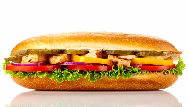 Long Fresh Deli Sandwich with Chicken Vegetables and Pickles on a White Background Delicious Fast Food Meal
