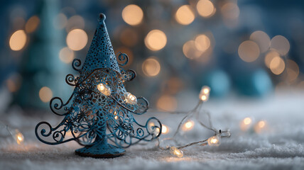 Metallic blue Christmas tree with snow and warm lights creates a cozy vibe