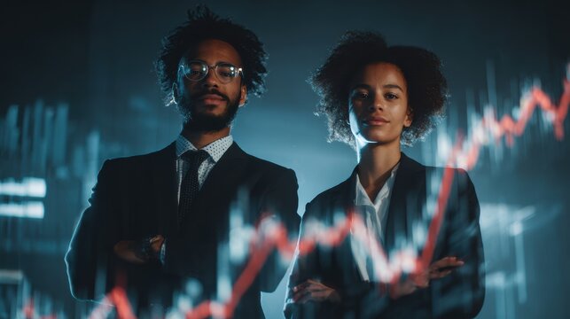 Confident business professionals analyzing financial data with graph indicators in the background.