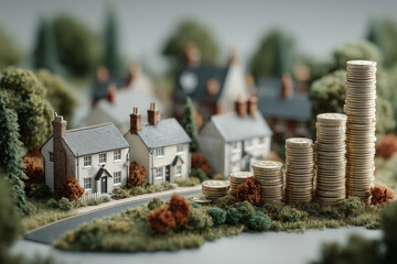 Large property tax represented by stacked coins beside charming homes