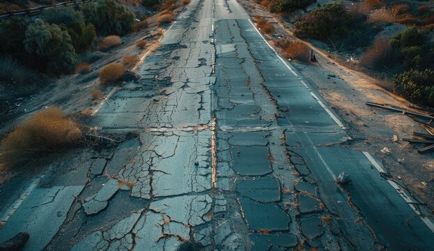 Cracked road, desolation, middle of nowhere. Climate change concept or infrastructure