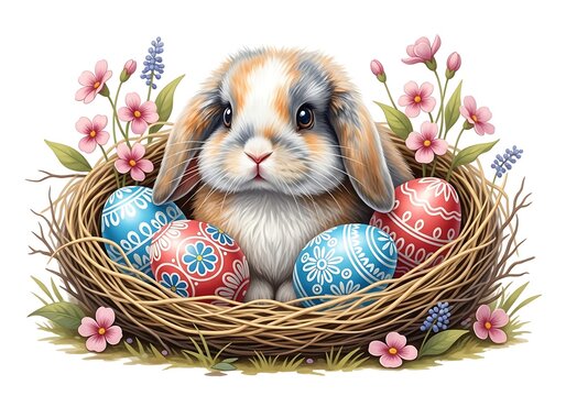 Cute easter bunny nestled in a straw basket with colorful painted eggs and delicate flowers, celebrating spring and tradition