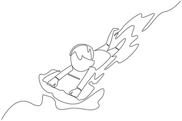 Single continuous line drawing a boy learns to swim using float. Aspiring to become a professional swimmer. Practice seriously. Newbie. National Learn to Swim Day. One line design vector illustration