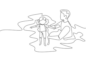 Single continuous line drawing a man holding a girl lying on her back learning to swim. Teach patiently. Educating with dedication. National Learn to Swim Day. One line design vector illustration