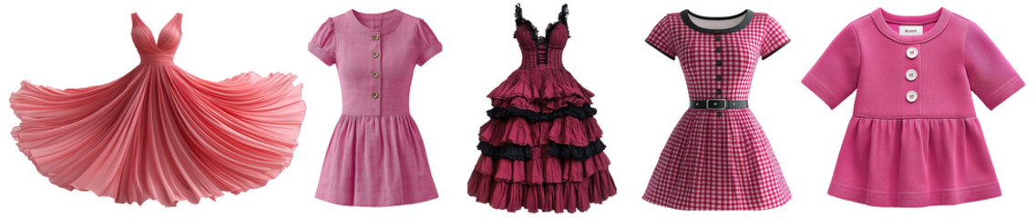 Assortment of elegant women's dresses in shades of pink perfect for fashion design and product presentation isolated on transparent background