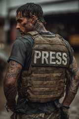 Man in handcuffs wearing bulletproof vest and displaying press identification